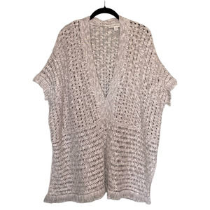 White + Warren Open Knit V-Neck Cotton Blend Sweater in Oatmeal